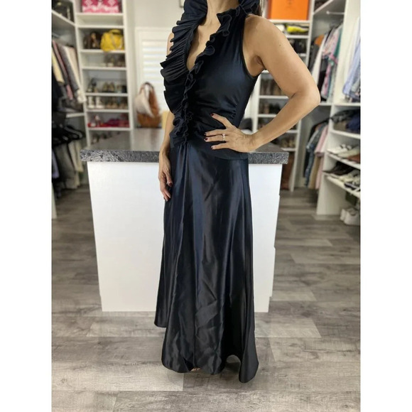 Tadashi Black Satin Ruffle High Collar Maxi Dress $495 - Picture 5 of 12